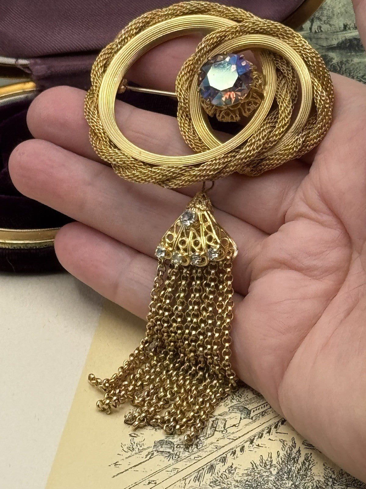Signed Vendome Brooch Gold-Tone Tassel Rhinestone Circle Chain Fringe Pin 5”