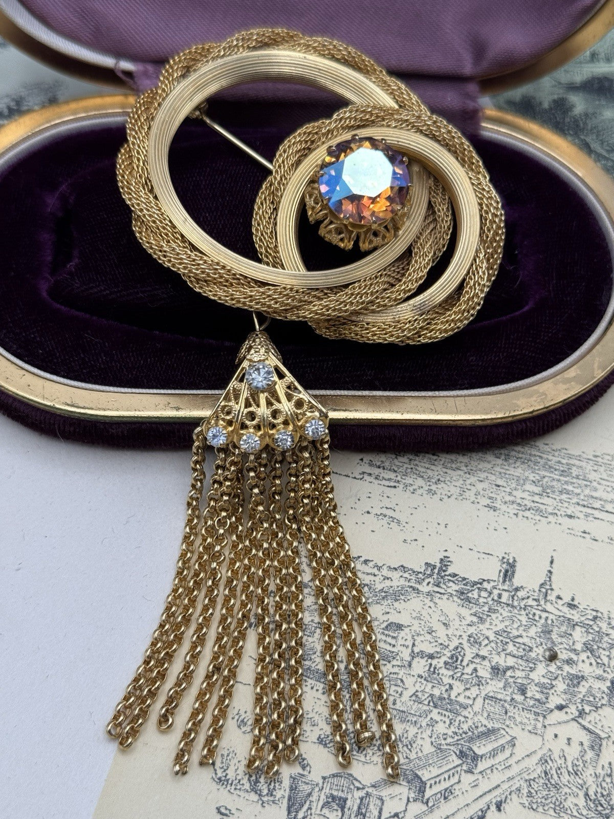 Signed Vendome Brooch Gold-Tone Tassel Rhinestone Circle Chain Fringe Pin 5”