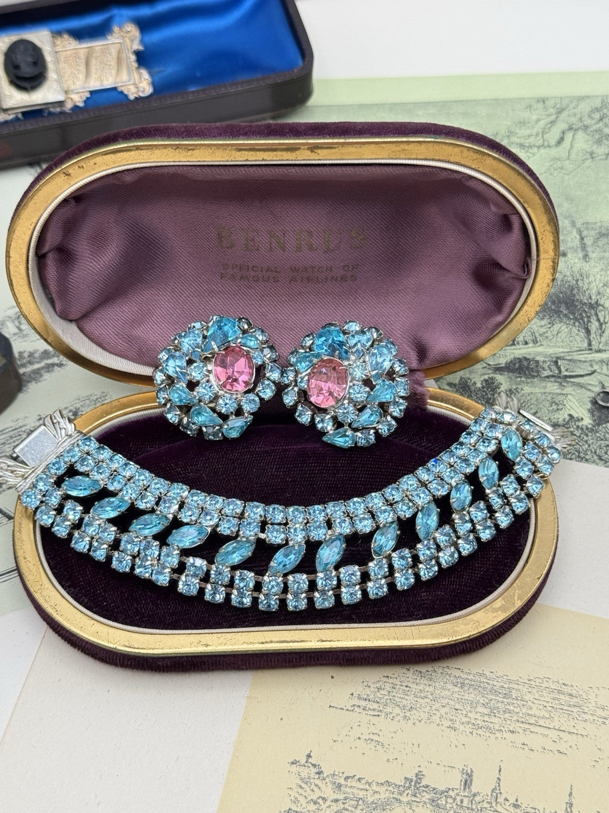 Vintage Aqua Rhinestone Bracelet & 6.5”Clip Earrings Set, Pink Center, Unsigned