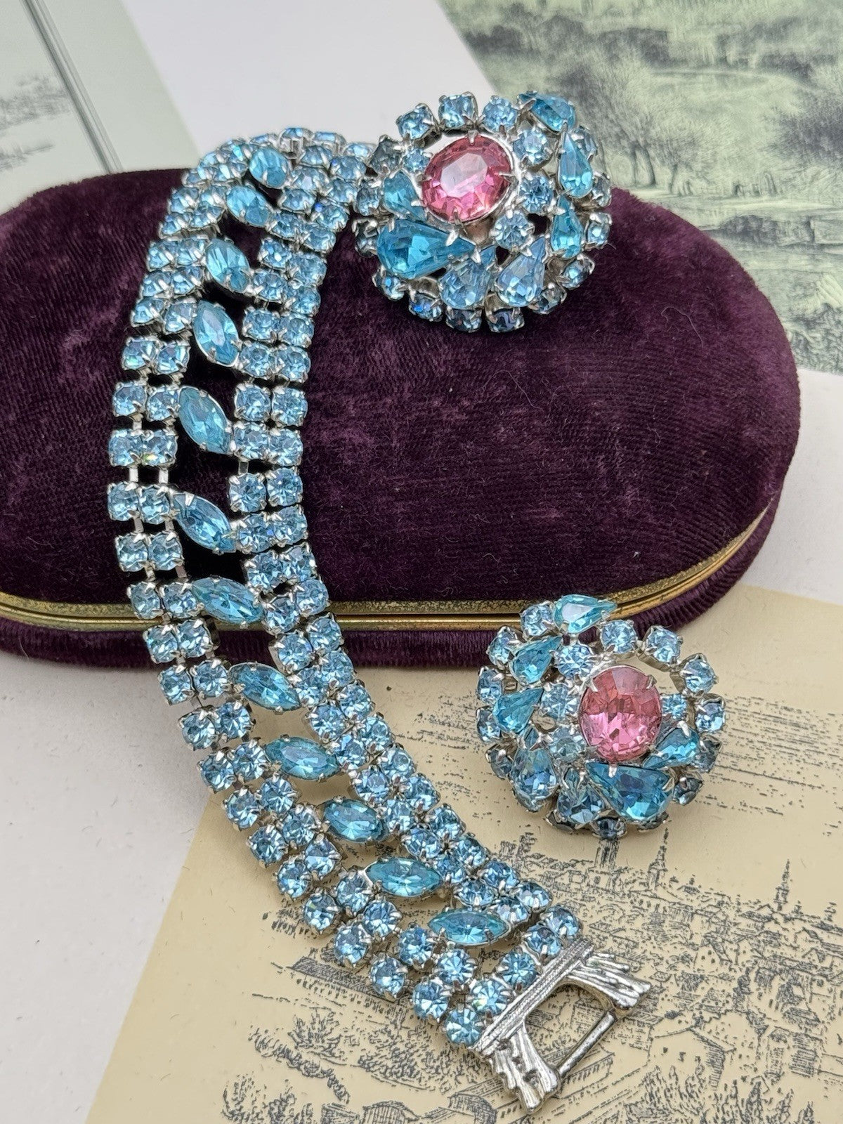 Vintage Aqua Rhinestone Bracelet & 6.5”Clip Earrings Set, Pink Center, Unsigned
