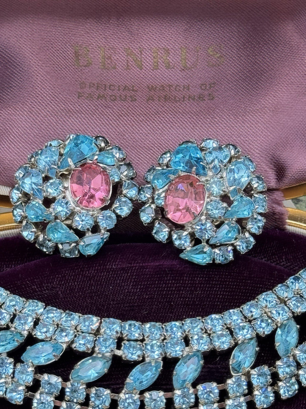 Vintage Aqua Rhinestone Bracelet & 6.5”Clip Earrings Set, Pink Center, Unsigned