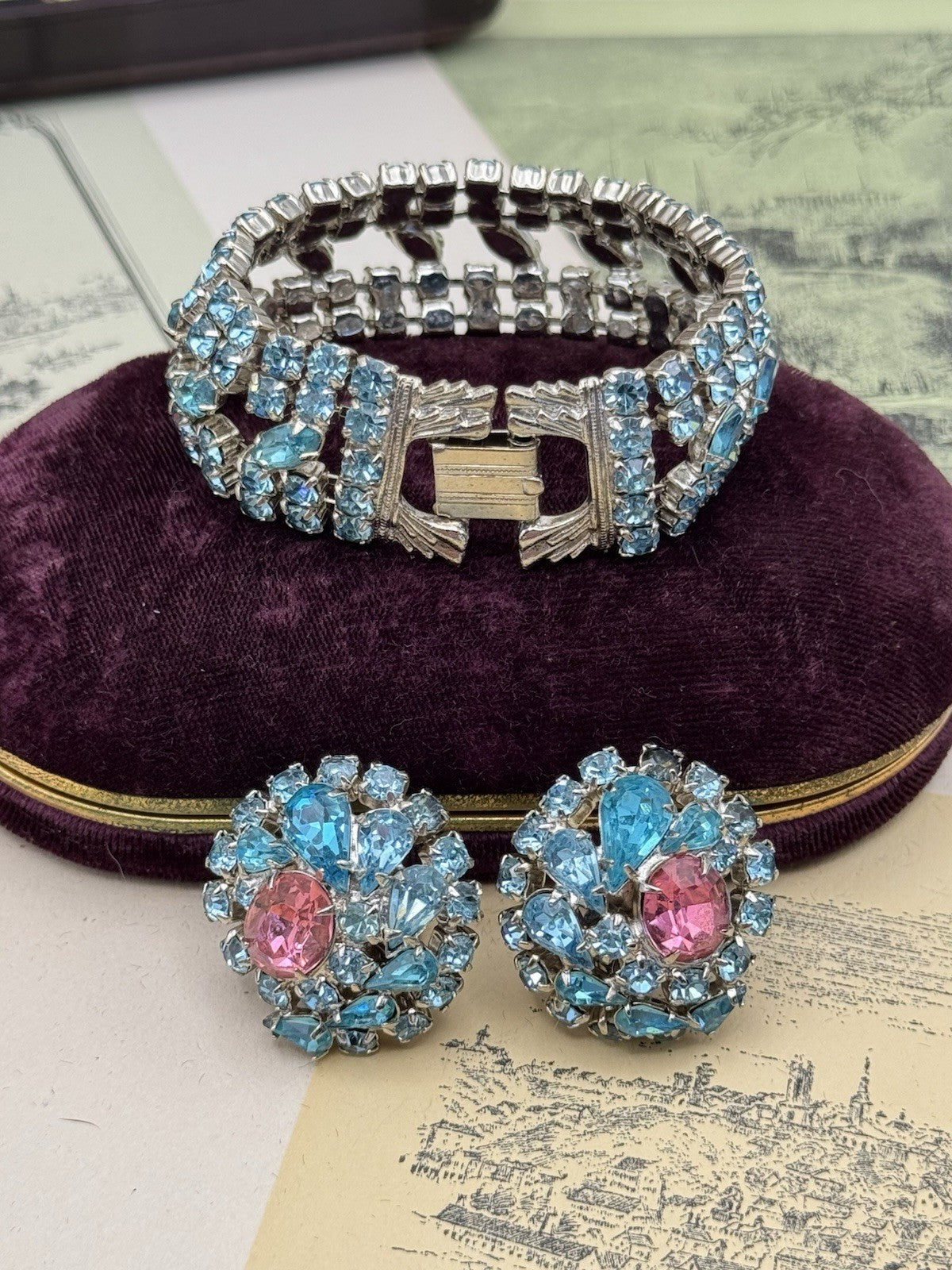 Vintage Aqua Rhinestone Bracelet & 6.5”Clip Earrings Set, Pink Center, Unsigned