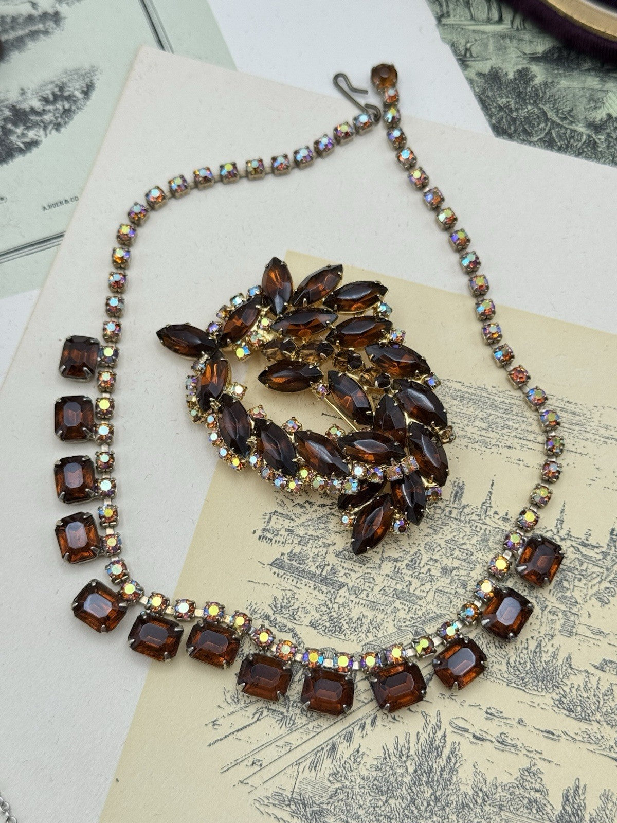 Juliana Style Whiskey Rhinestone Necklace & Brooch Set Aurora Borealis Accents