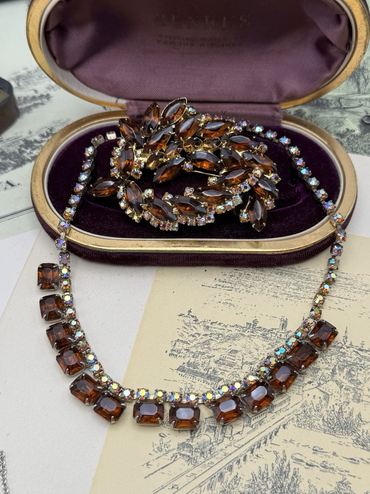 Juliana Style Whiskey Rhinestone Necklace & Brooch Set Aurora Borealis Accents
