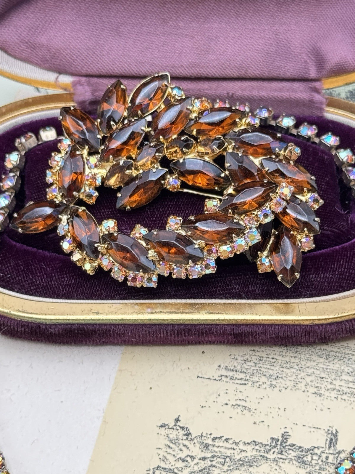 Juliana Style Whiskey Rhinestone Necklace & Brooch Set Aurora Borealis Accents
