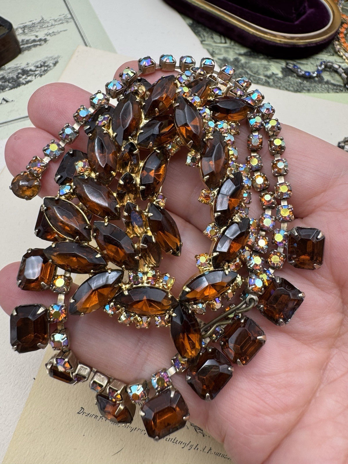 Juliana Style Whiskey Rhinestone Necklace & Brooch Set Aurora Borealis Accents