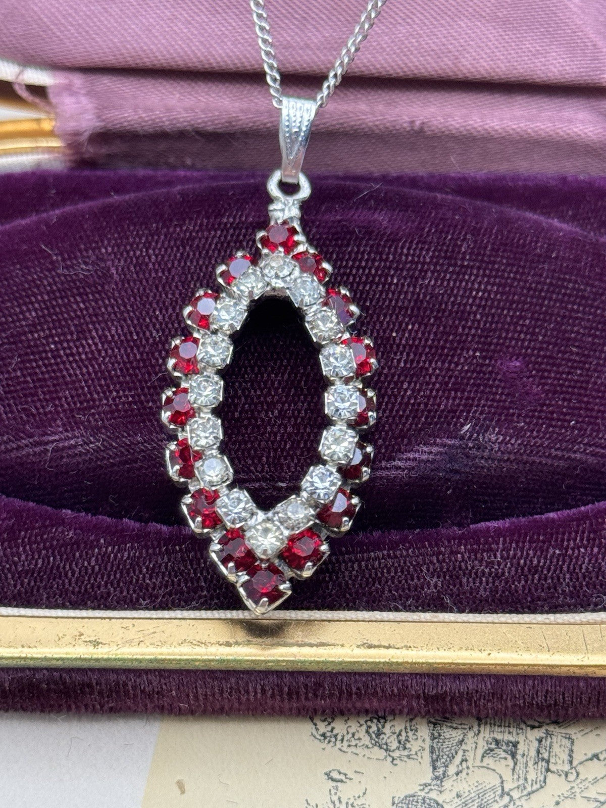 Vintage Dark Red & Crystal Rhinestone Pendant Necklace – Estate Find Ca. 18”l