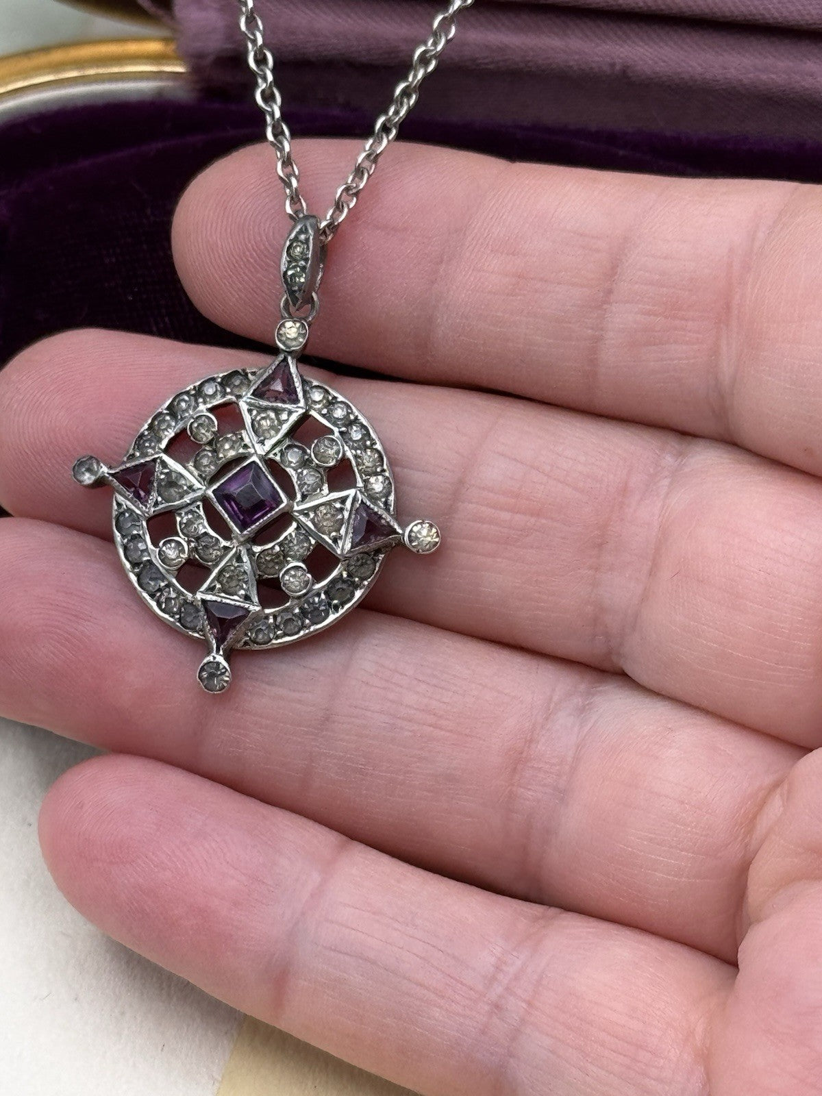 Antique Style 800 Silver & Purple Glass Pendant Necklace – 925 Chain