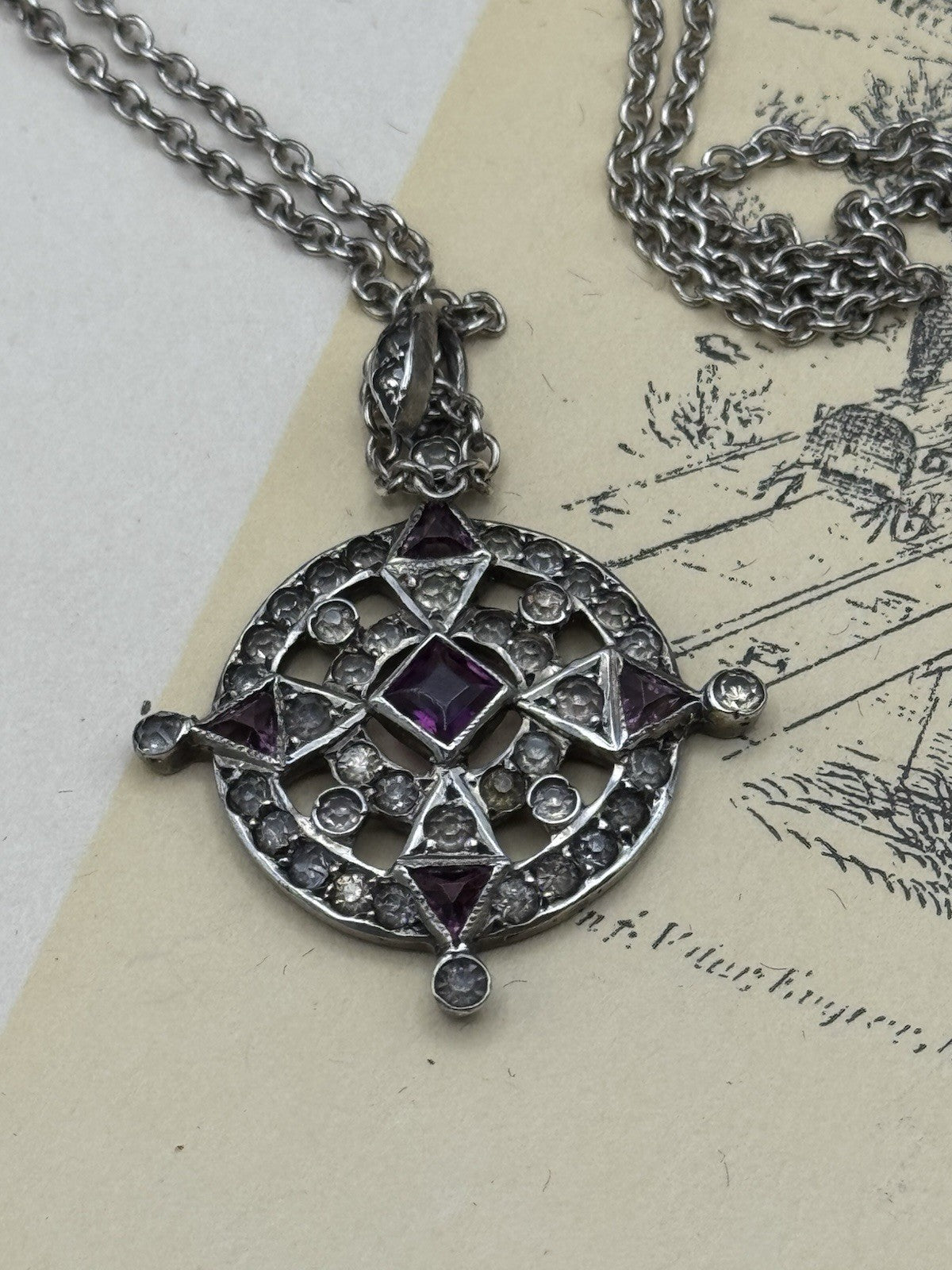 Antique Style 800 Silver & Purple Glass Pendant Necklace – 925 Chain
