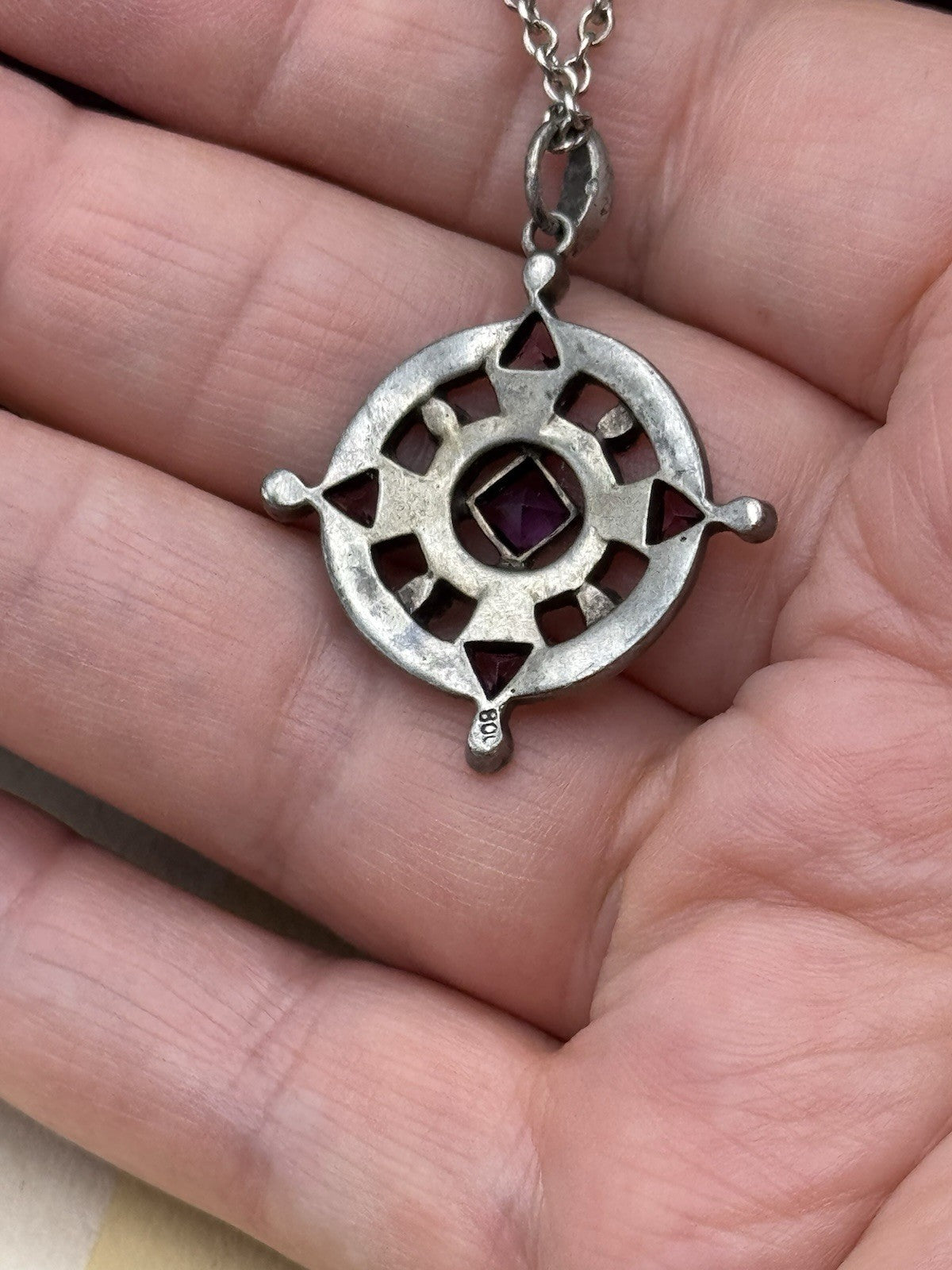 Antique Style 800 Silver & Purple Glass Pendant Necklace – 925 Chain