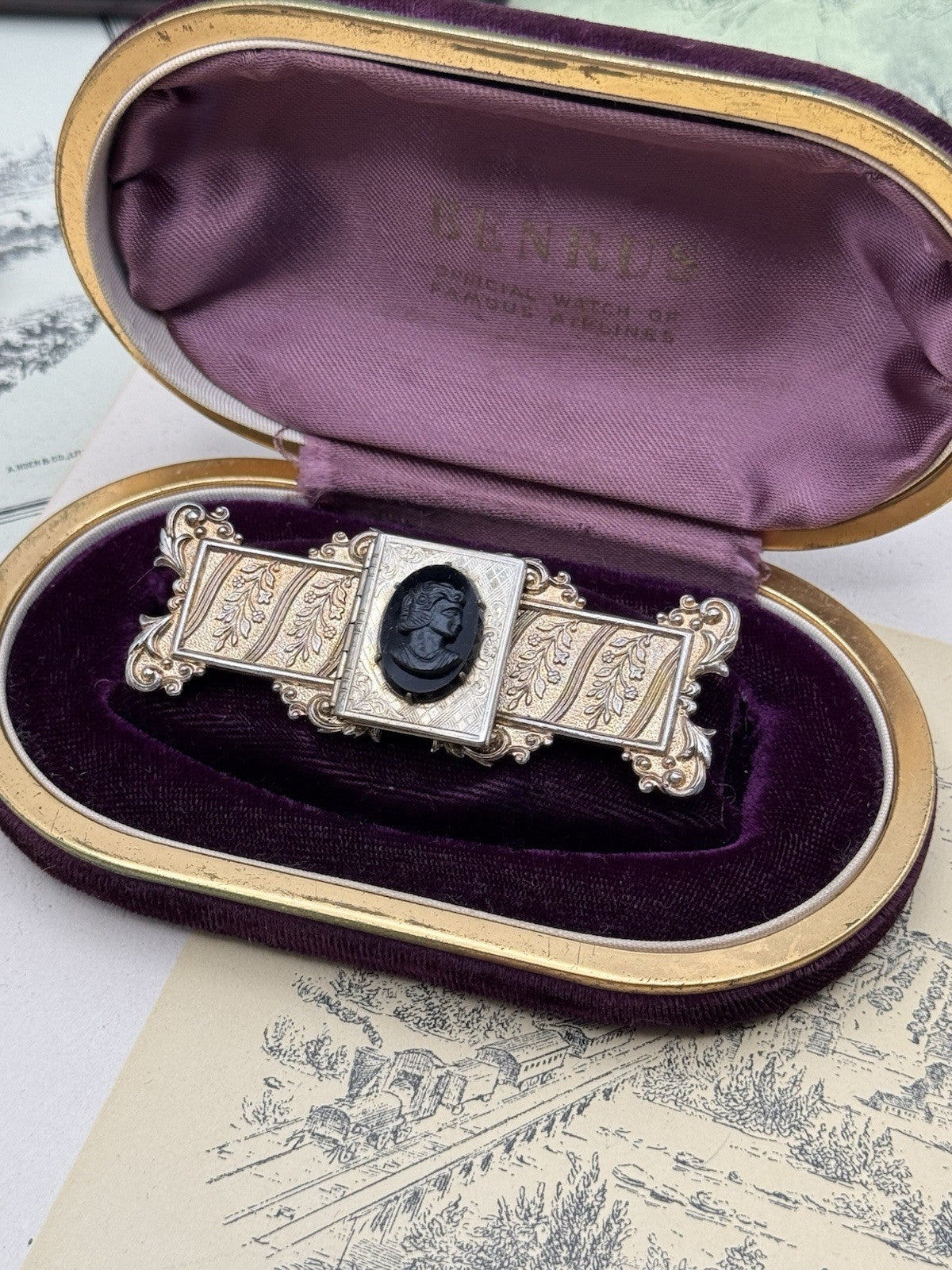 Antique Victorian Style Mourning Brooch Locket Black Glass Cameo Goldtone 3”