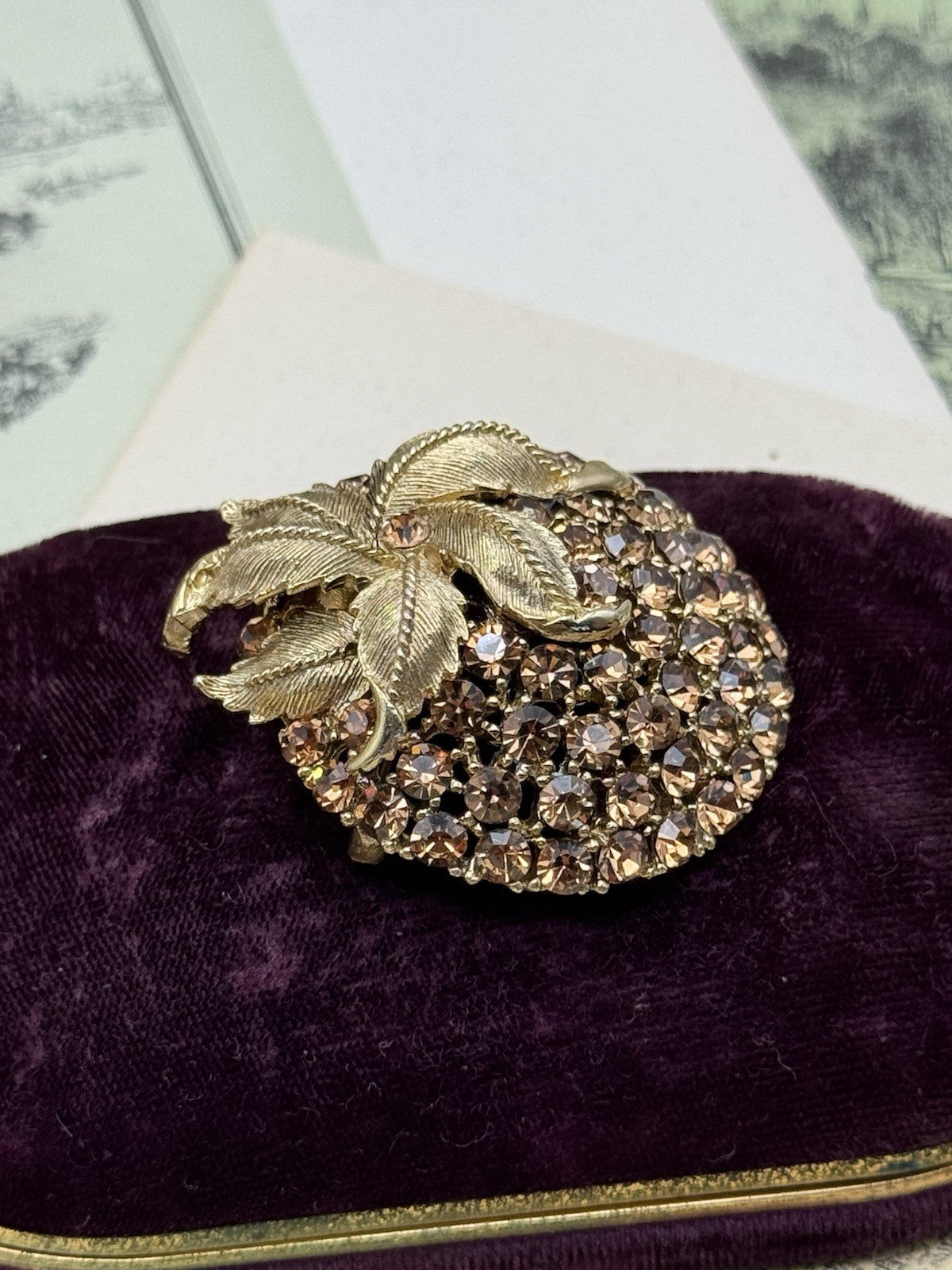 Vintage Goldtone & Rhinestone Leaf Brooch – 1.75” Round ESTATE FIND