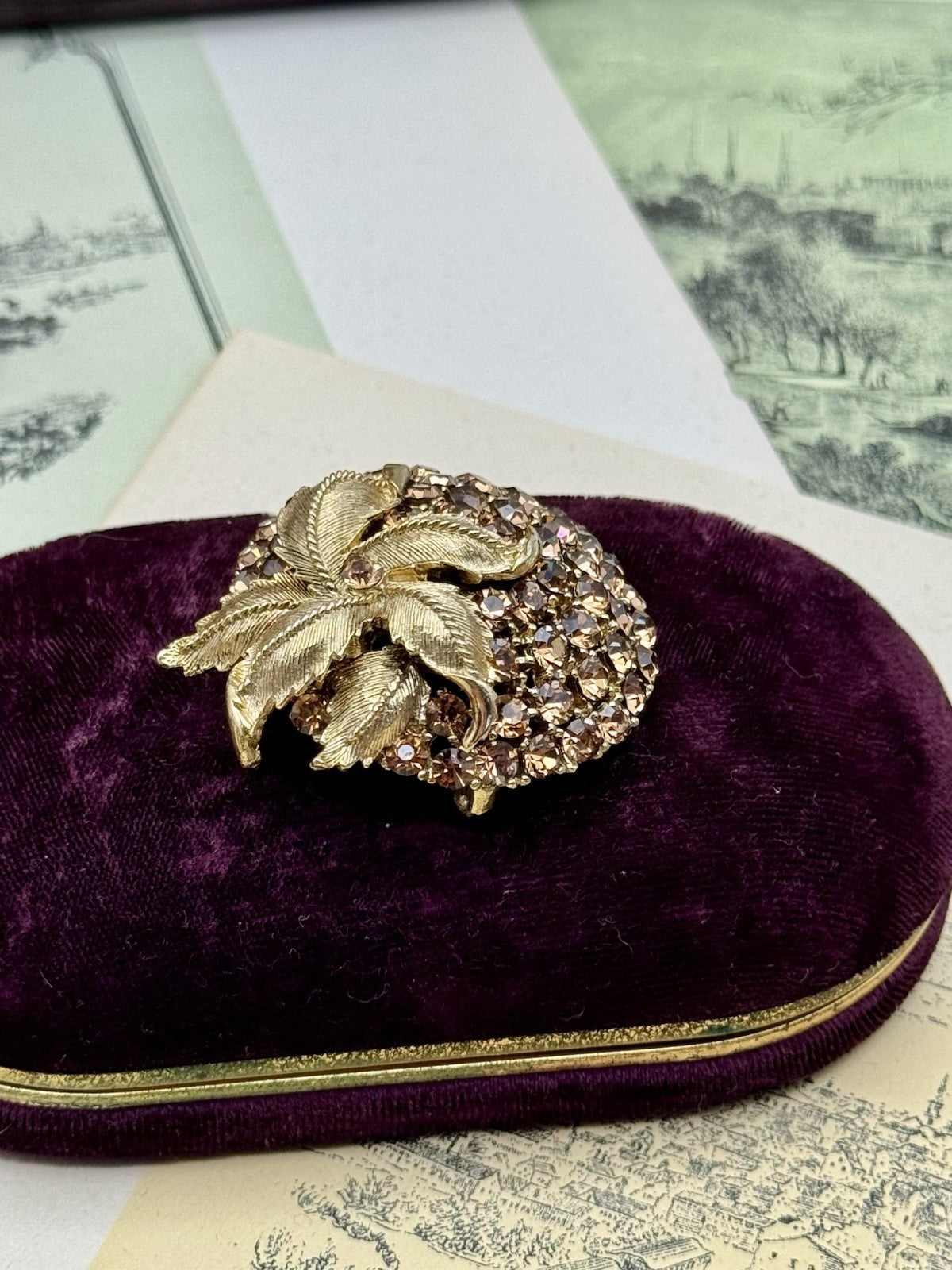 Vintage Goldtone & Rhinestone Leaf Brooch – 1.75” Round ESTATE FIND