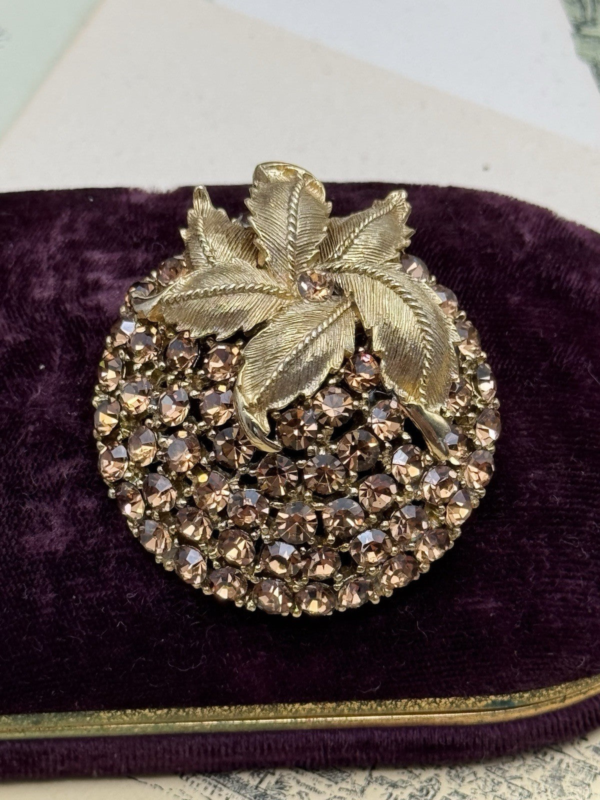 Vintage Goldtone & Rhinestone Leaf Brooch – 1.75” Round ESTATE FIND