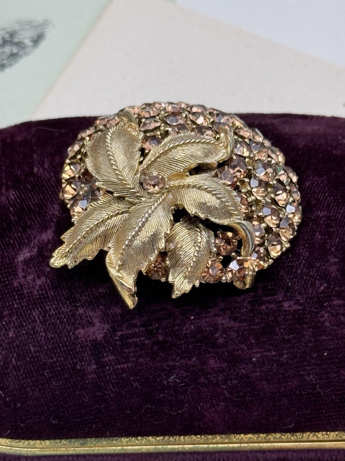 Vintage Goldtone & Rhinestone Leaf Brooch – 1.75” Round ESTATE FIND