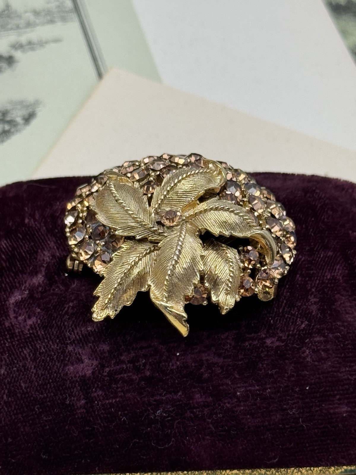 Vintage Goldtone & Rhinestone Leaf Brooch – 1.75” Round ESTATE FIND