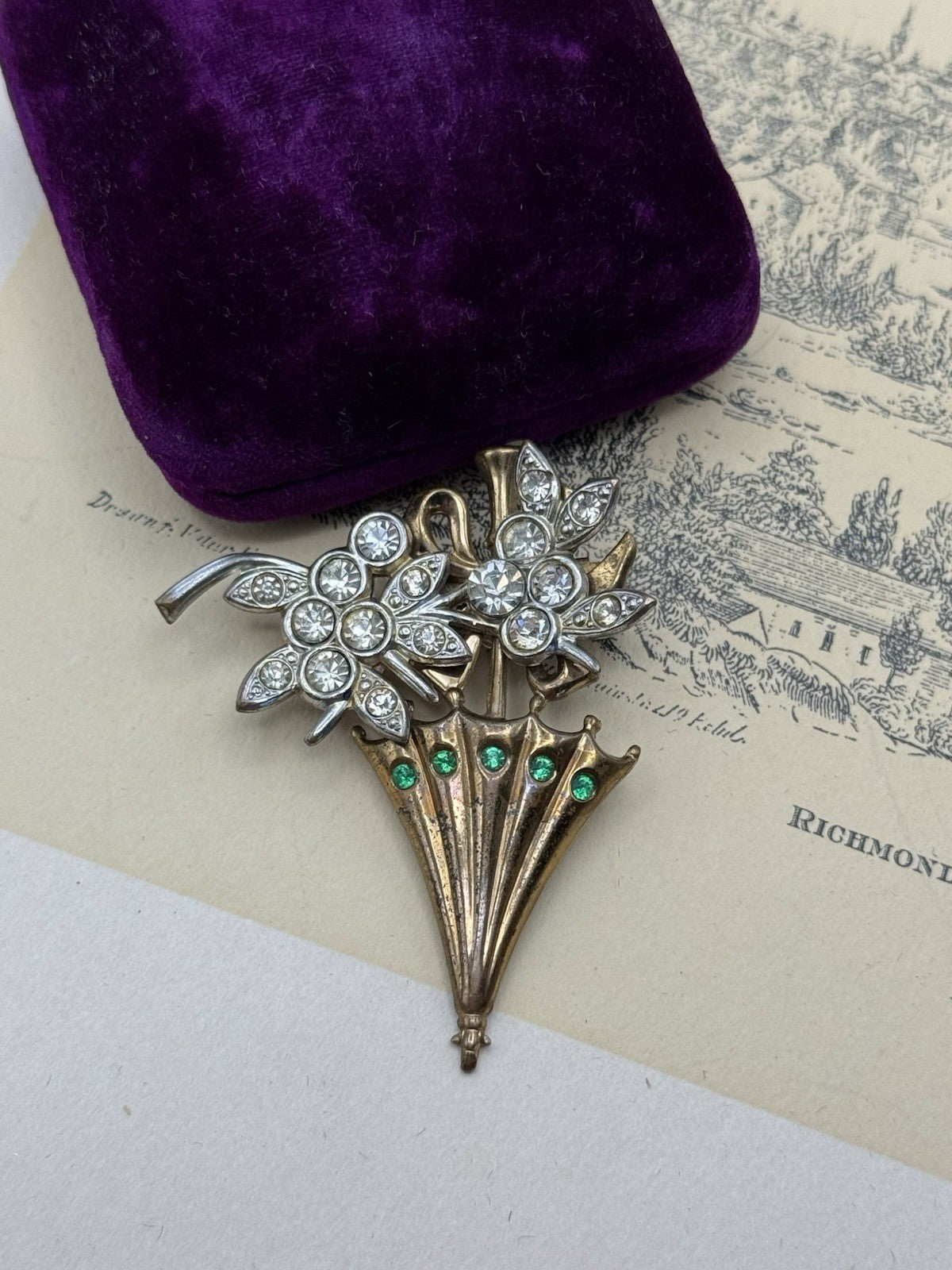 Vintage Rhinestone Umbrella Brooch – Gold Tone Floral Bouquet with Green Accents