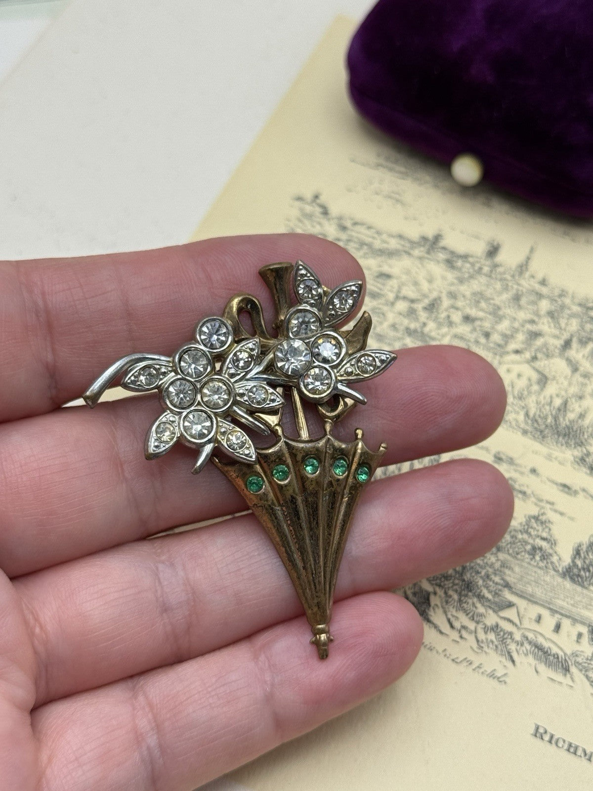 Vintage Rhinestone Umbrella Brooch – Gold Tone Floral Bouquet with Green Accents