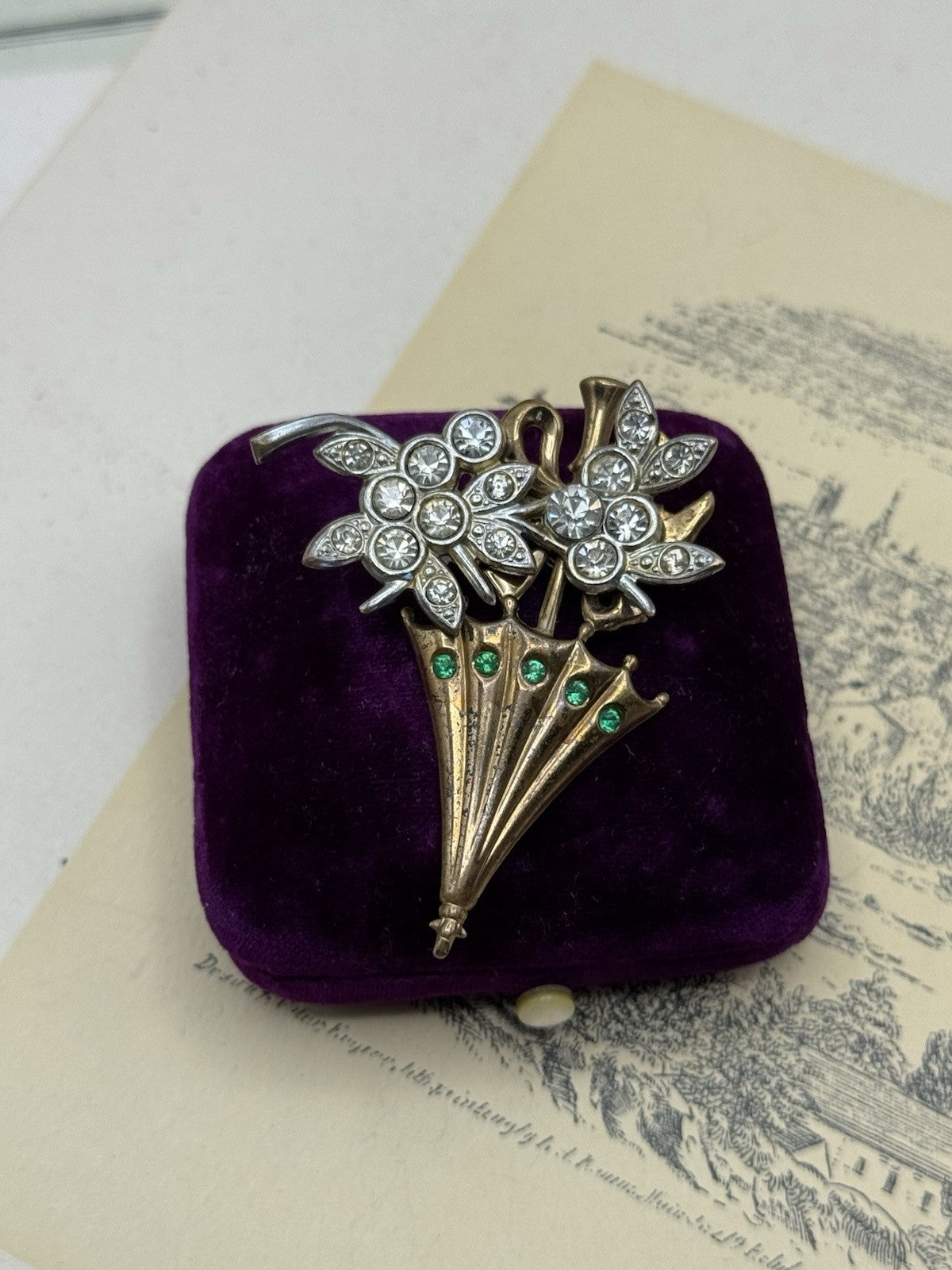 Vintage Rhinestone Umbrella Brooch – Gold Tone Floral Bouquet with Green Accents