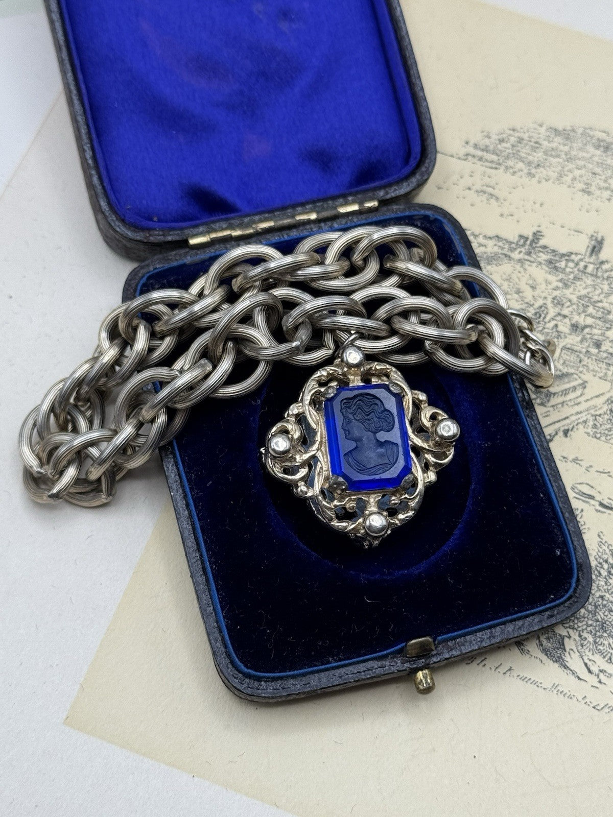 Vintage Double-Sided Intaglio Blue/ Red Intaglio Bracelet • Silvertone • 7.5”