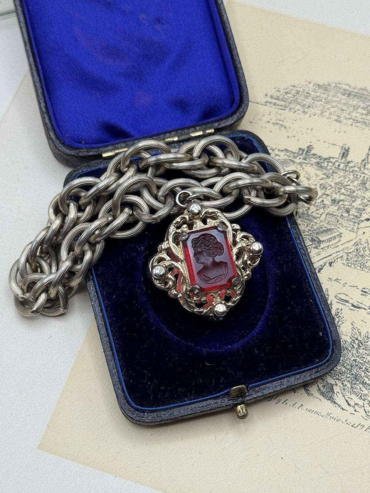 Vintage Double-Sided Intaglio Blue/ Red Intaglio Bracelet • Silvertone • 7.5”