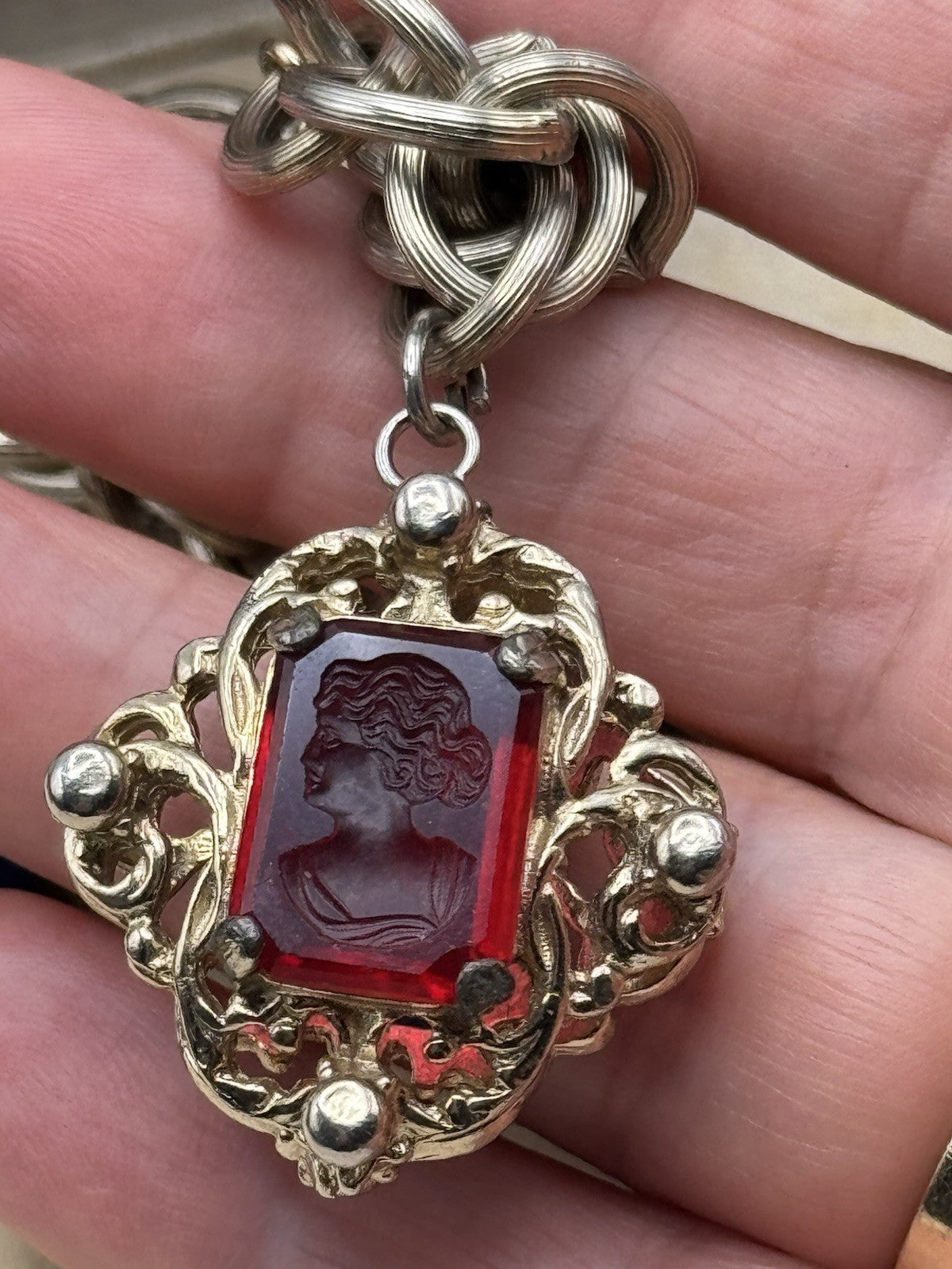 Vintage Double-Sided Intaglio Blue/ Red Intaglio Bracelet • Silvertone • 7.5”