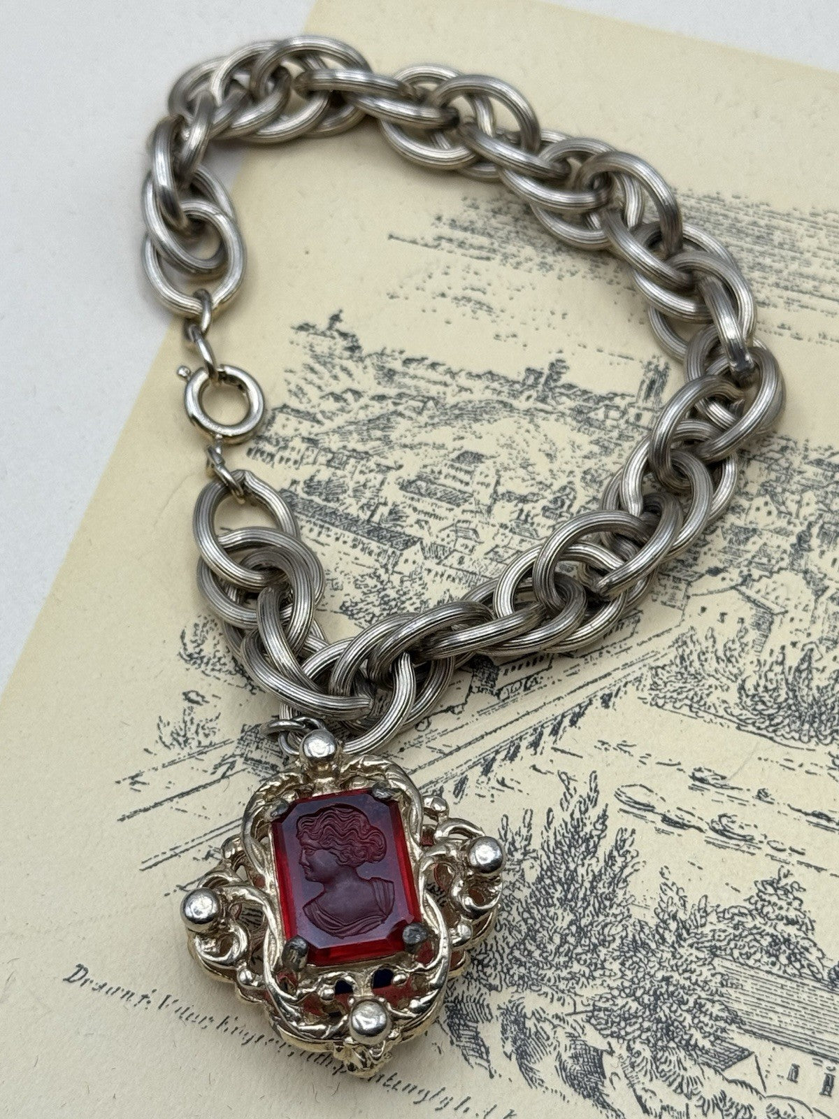 Vintage Double-Sided Intaglio Blue/ Red Intaglio Bracelet • Silvertone • 7.5”