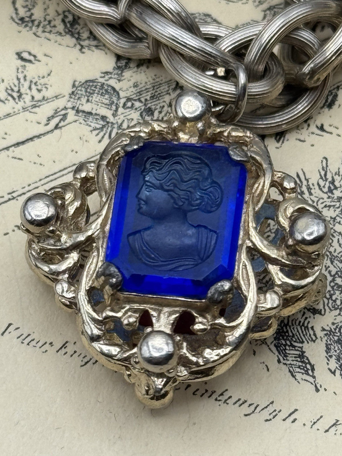 Vintage Double-Sided Intaglio Blue/ Red Intaglio Bracelet • Silvertone • 7.5”