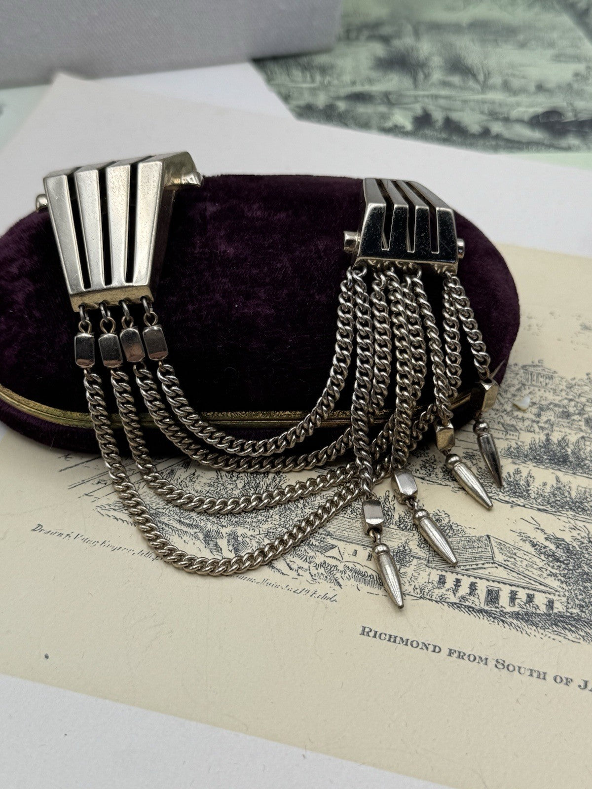 SIGNED Monet “Fur” Clip Mid Century Gold Tone Chains Geometric Statement Pin