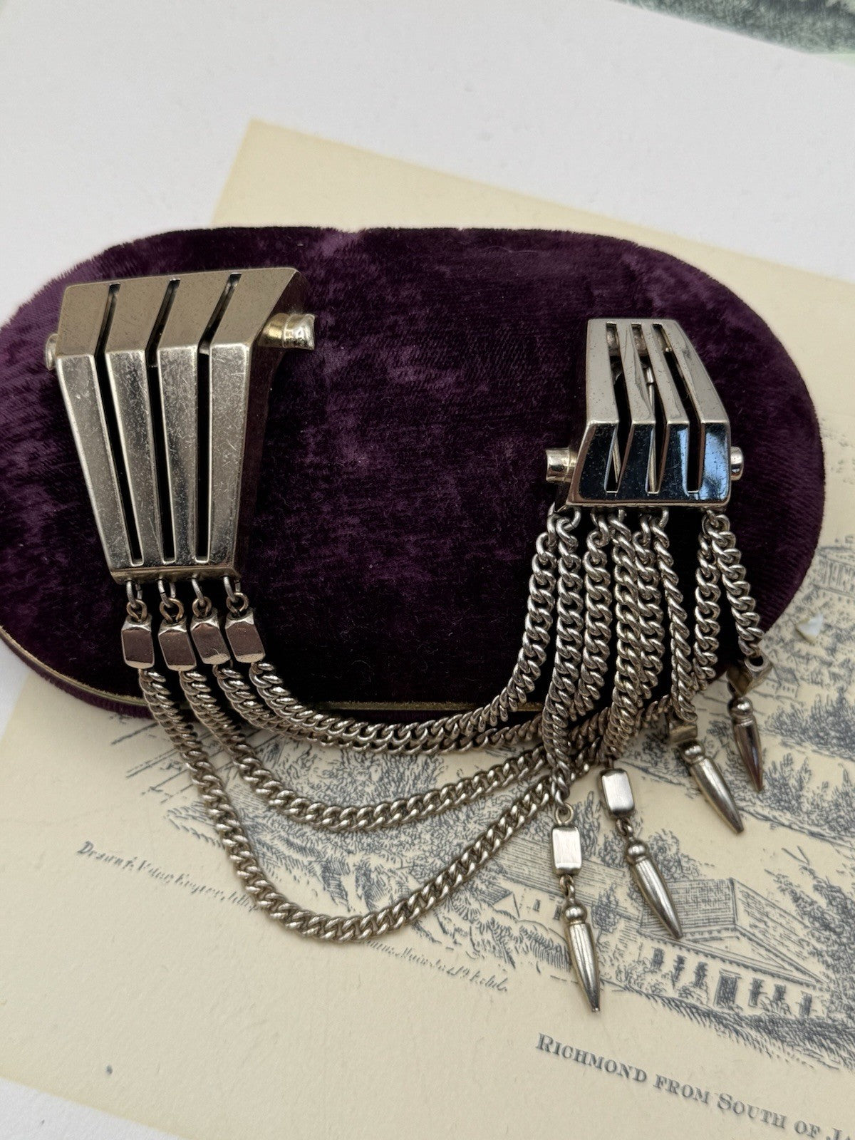 SIGNED Monet “Fur” Clip Mid Century Gold Tone Chains Geometric Statement Pin