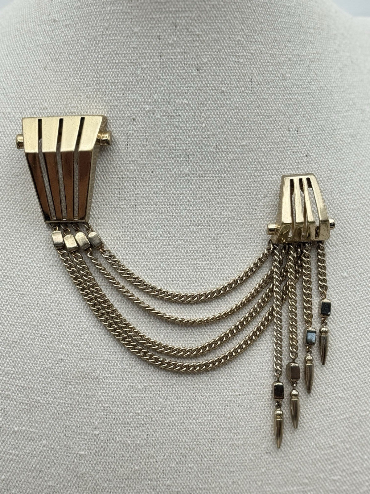 SIGNED Monet “Fur” Clip Mid Century Gold Tone Chains Geometric Statement Pin