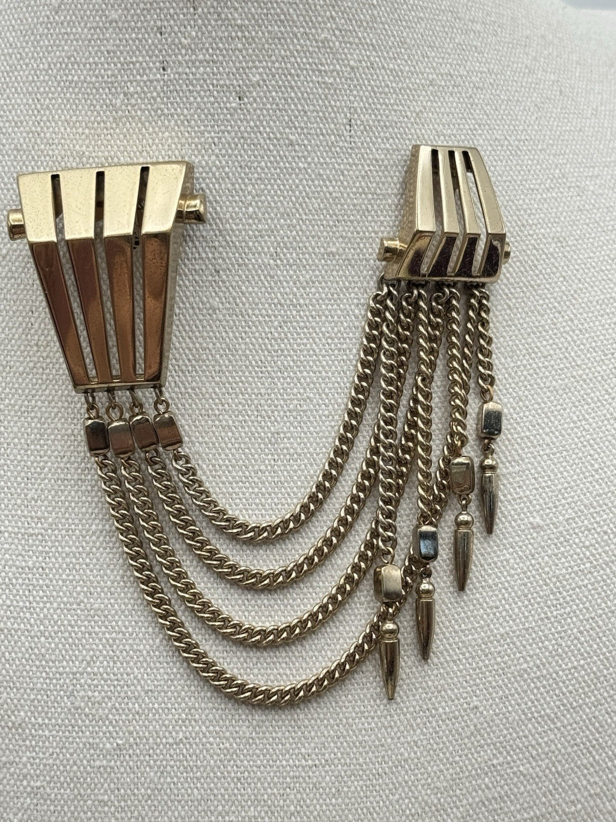 SIGNED Monet “Fur” Clip Mid Century Gold Tone Chains Geometric Statement Pin