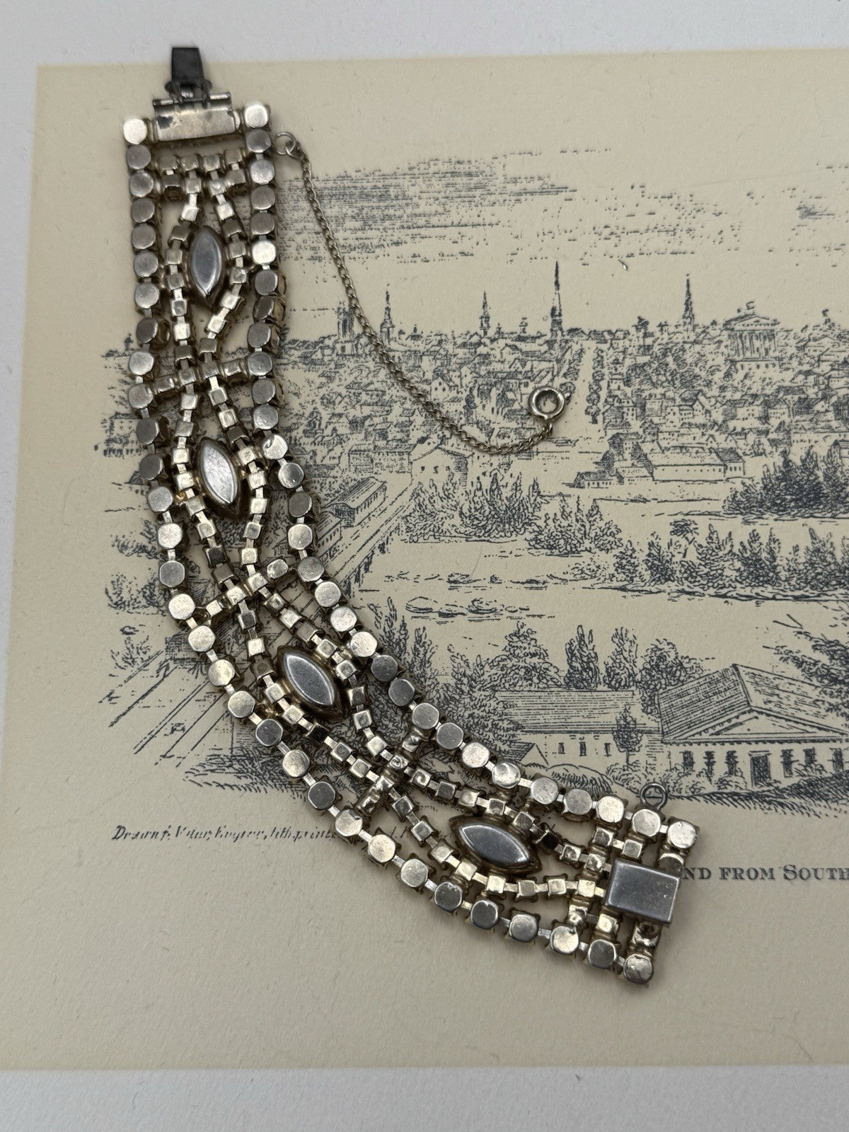 VINTAGE Rhinestone Bracelet AMBER ORANGE Pale Yellow 7”x1” OPENWORK Statement