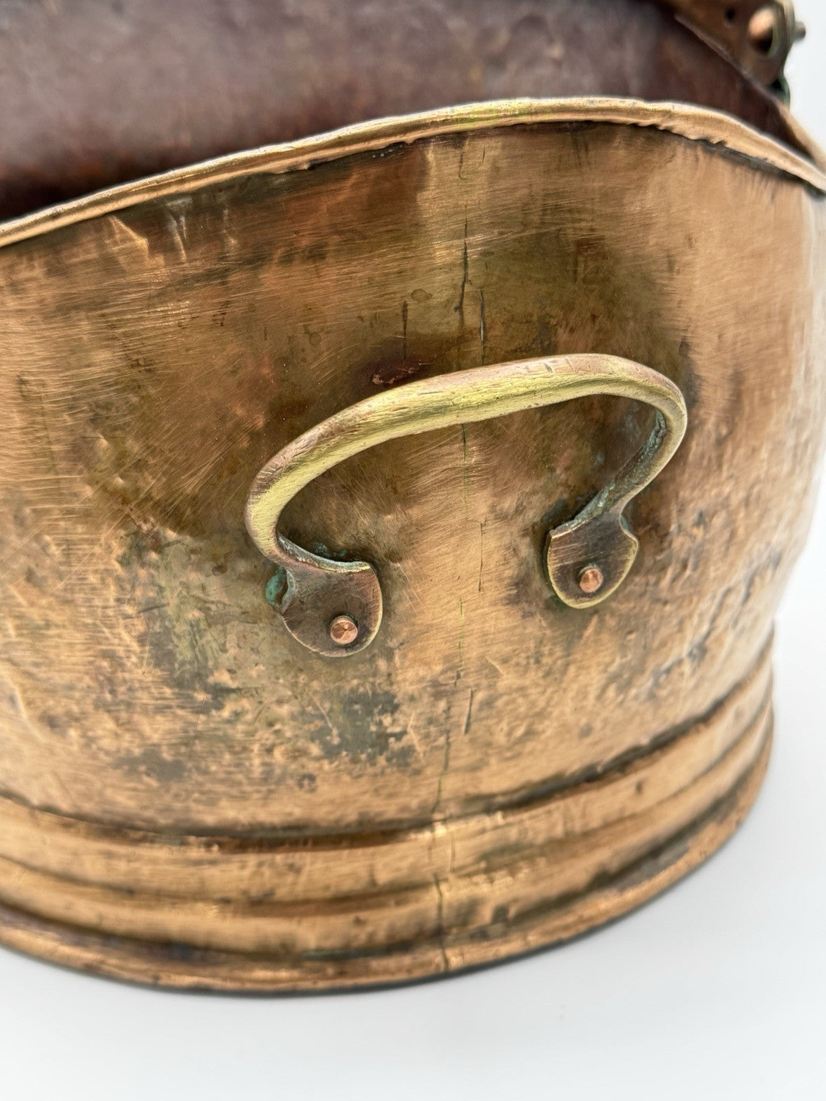 Antique English Copper Coal Scuttle Fireplace Log Bucket with Handle 15”