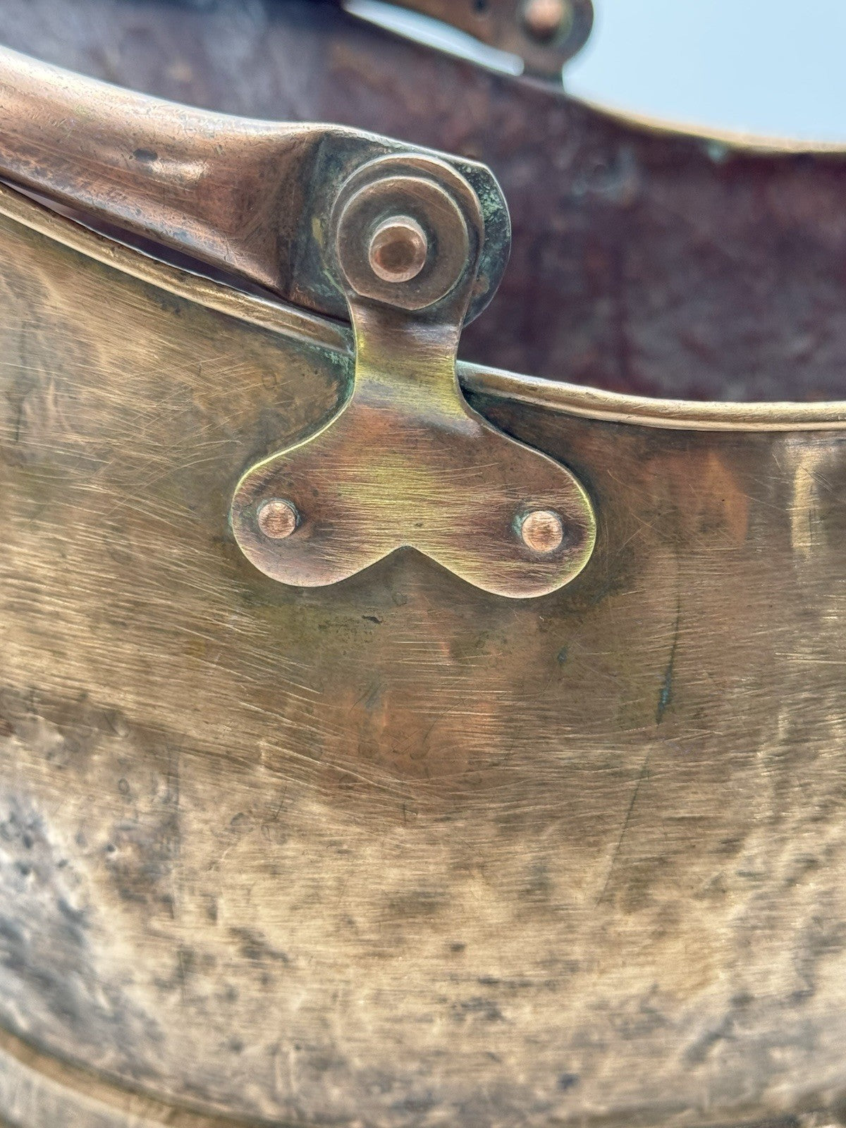 Antique English Copper Coal Scuttle Fireplace Log Bucket with Handle 15”