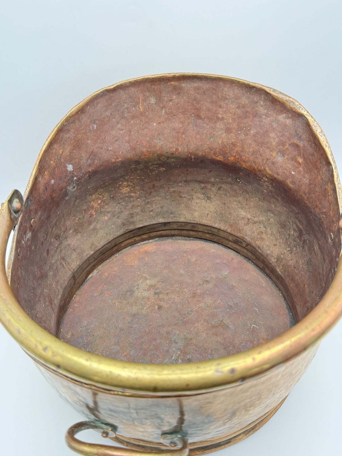 Antique English Copper Coal Scuttle Fireplace Log Bucket with Handle 15”