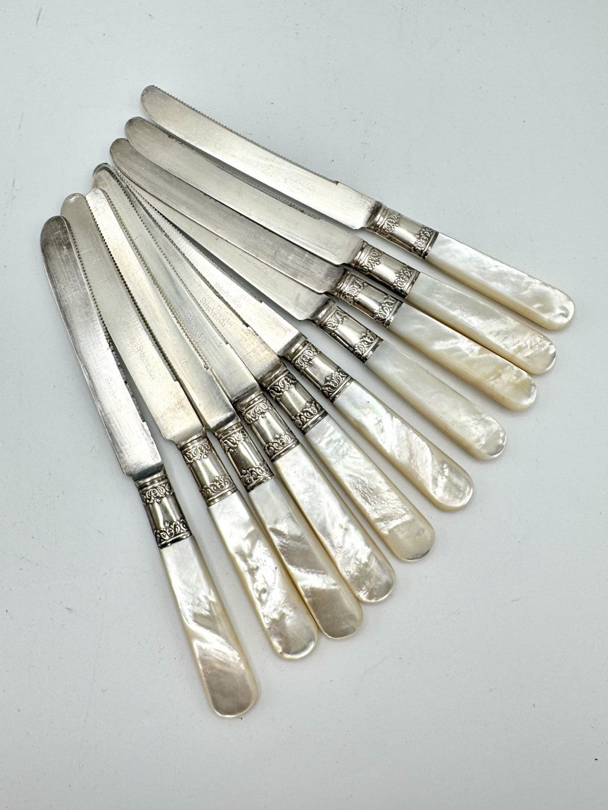 Antique Shreve & Co Set 10 Grapefruit Knives Mother of Pearl Sterling Ferrule