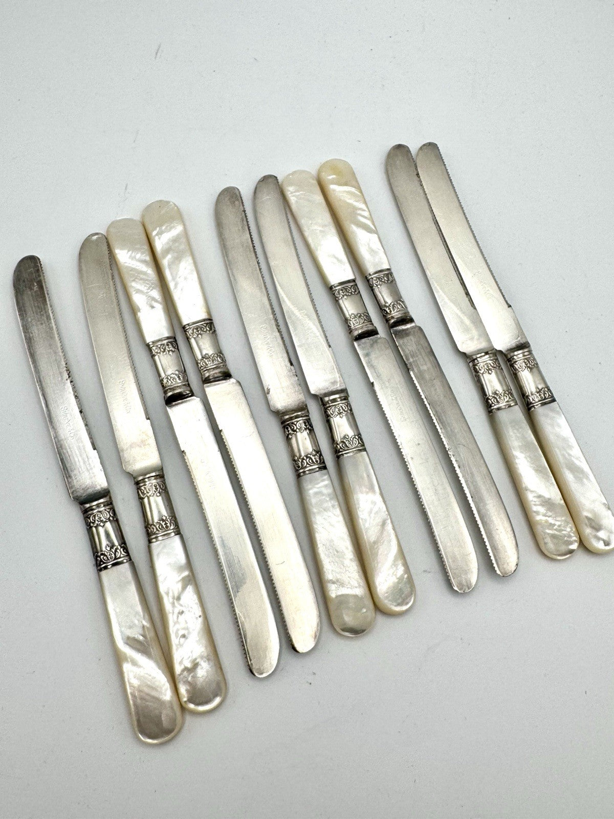 Antique Shreve & Co Set 10 Grapefruit Knives Mother of Pearl Sterling Ferrule