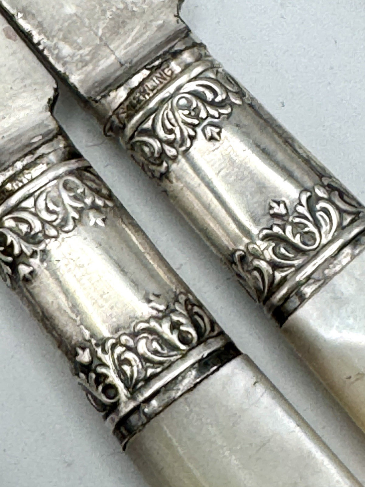 Antique Shreve & Co Set 10 Grapefruit Knives Mother of Pearl Sterling Ferrule