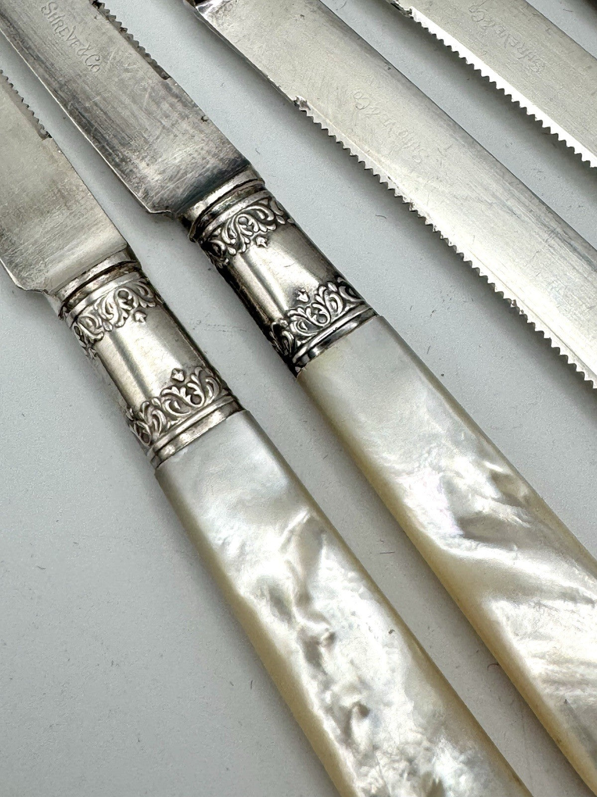 Antique Shreve & Co Set 10 Grapefruit Knives Mother of Pearl Sterling Ferrule