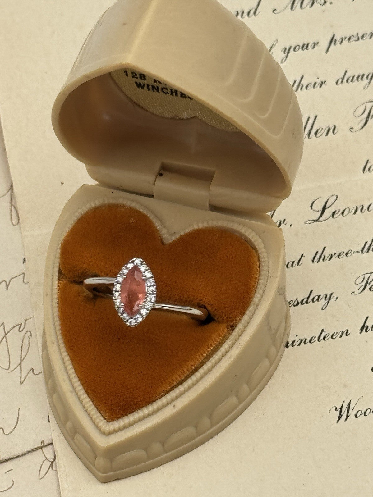 Vintage Heart Shaped Ring Box Velvet Interior Jewelry Presentation Case
