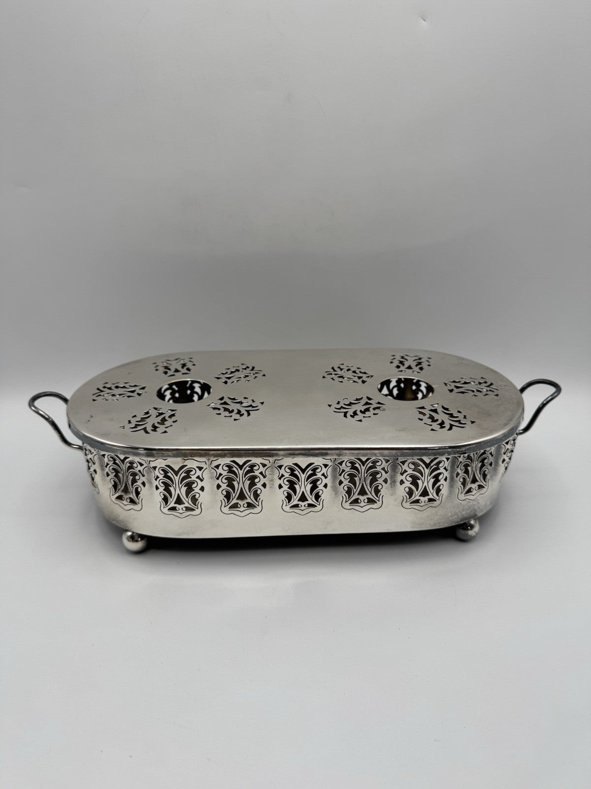 Vintage Silverplate Reticulated Food & Tea Warmer Stand with Handles 13.25” RARE