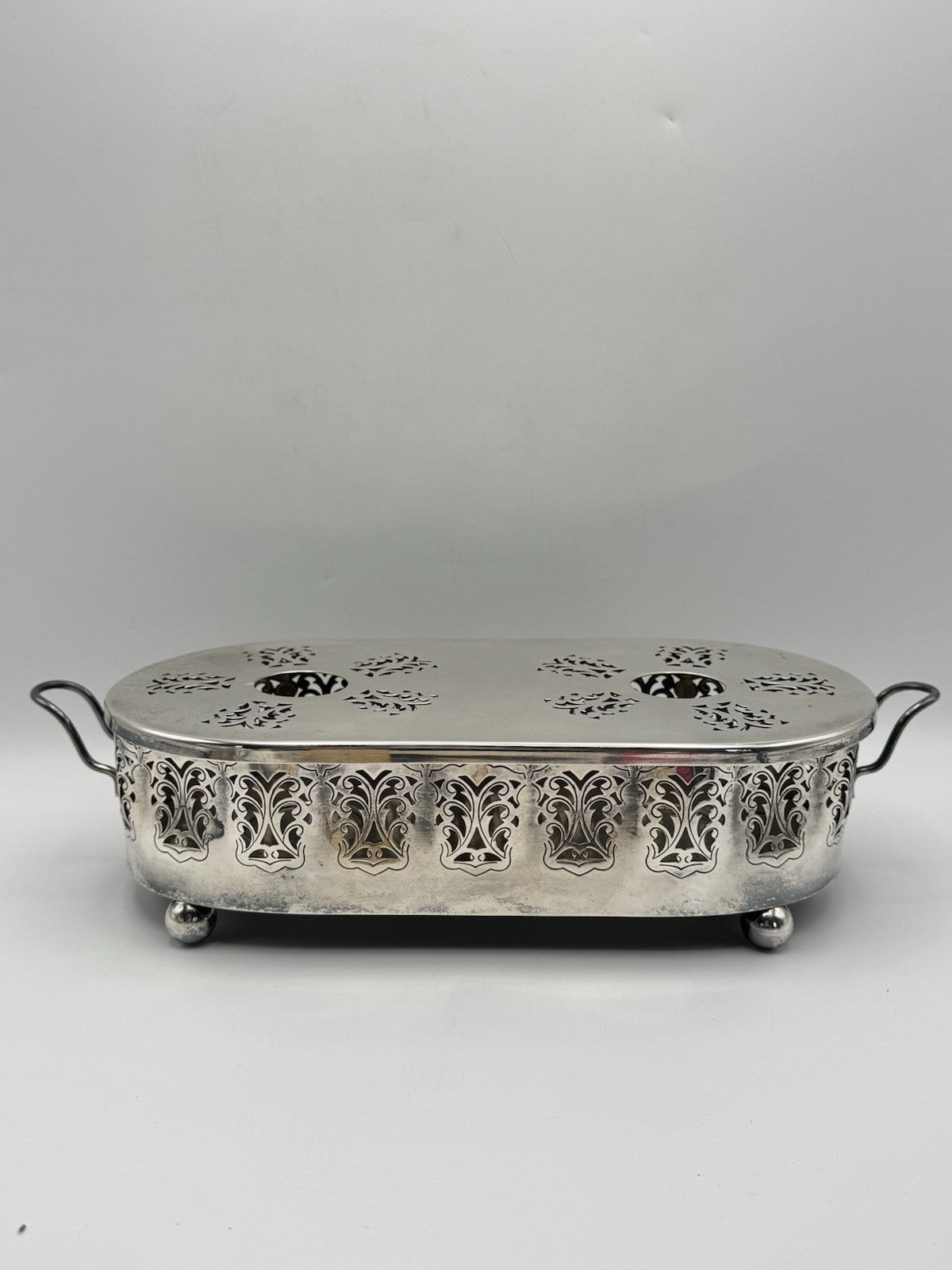 Vintage Silverplate Reticulated Food & Tea Warmer Stand with Handles 13.25” RARE
