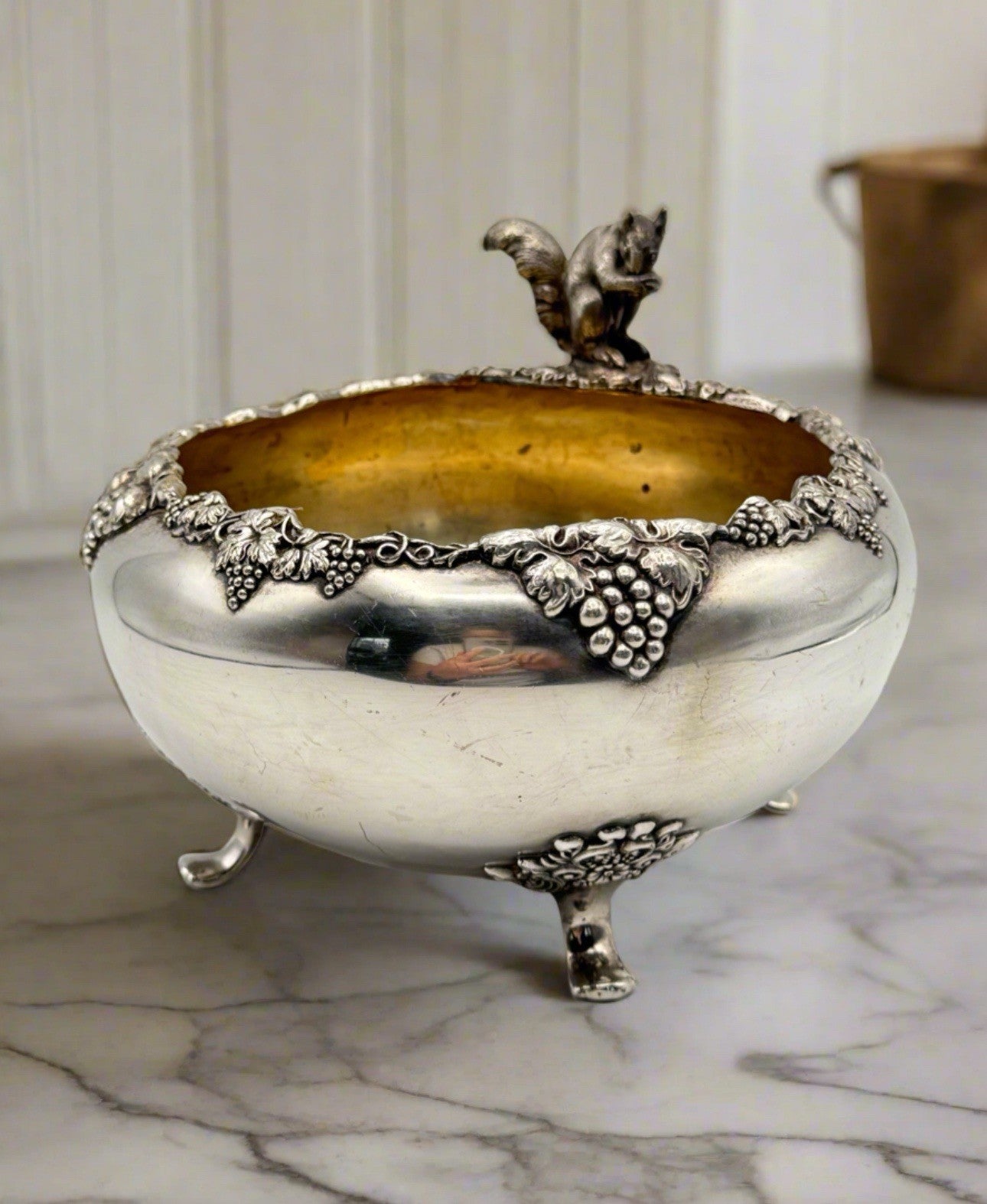 Antique FB Rogers Quadruple Silver Plate Nut Bowl Squirrel Finial Grapevine 8”d