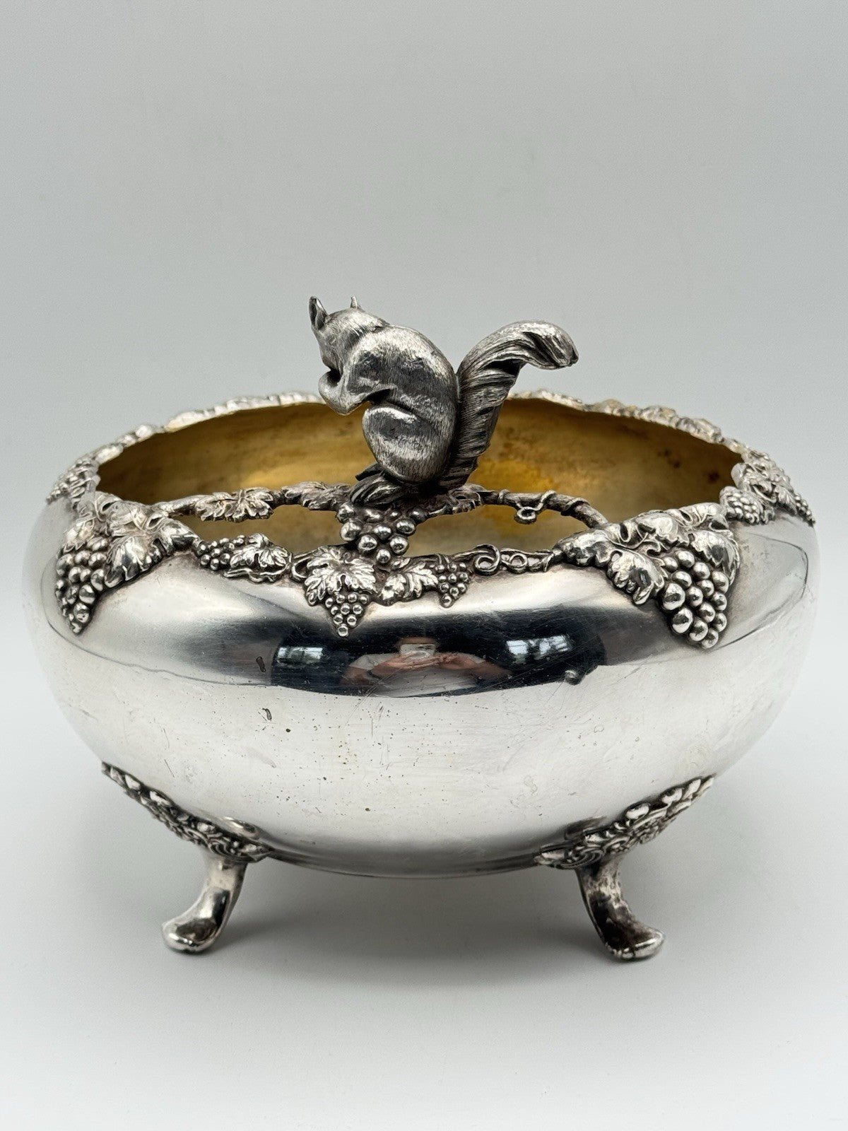 Antique FB Rogers Quadruple Silver Plate Nut Bowl Squirrel Finial Grapevine 8”d