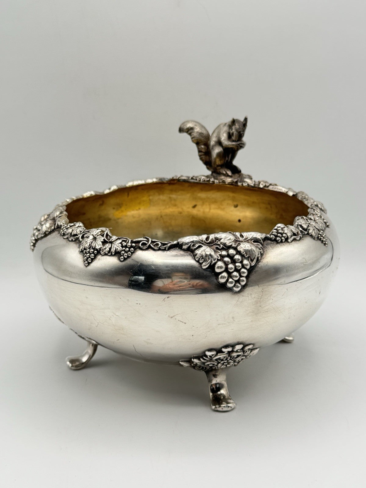 Antique FB Rogers Quadruple Silver Plate Nut Bowl Squirrel Finial Grapevine 8”d