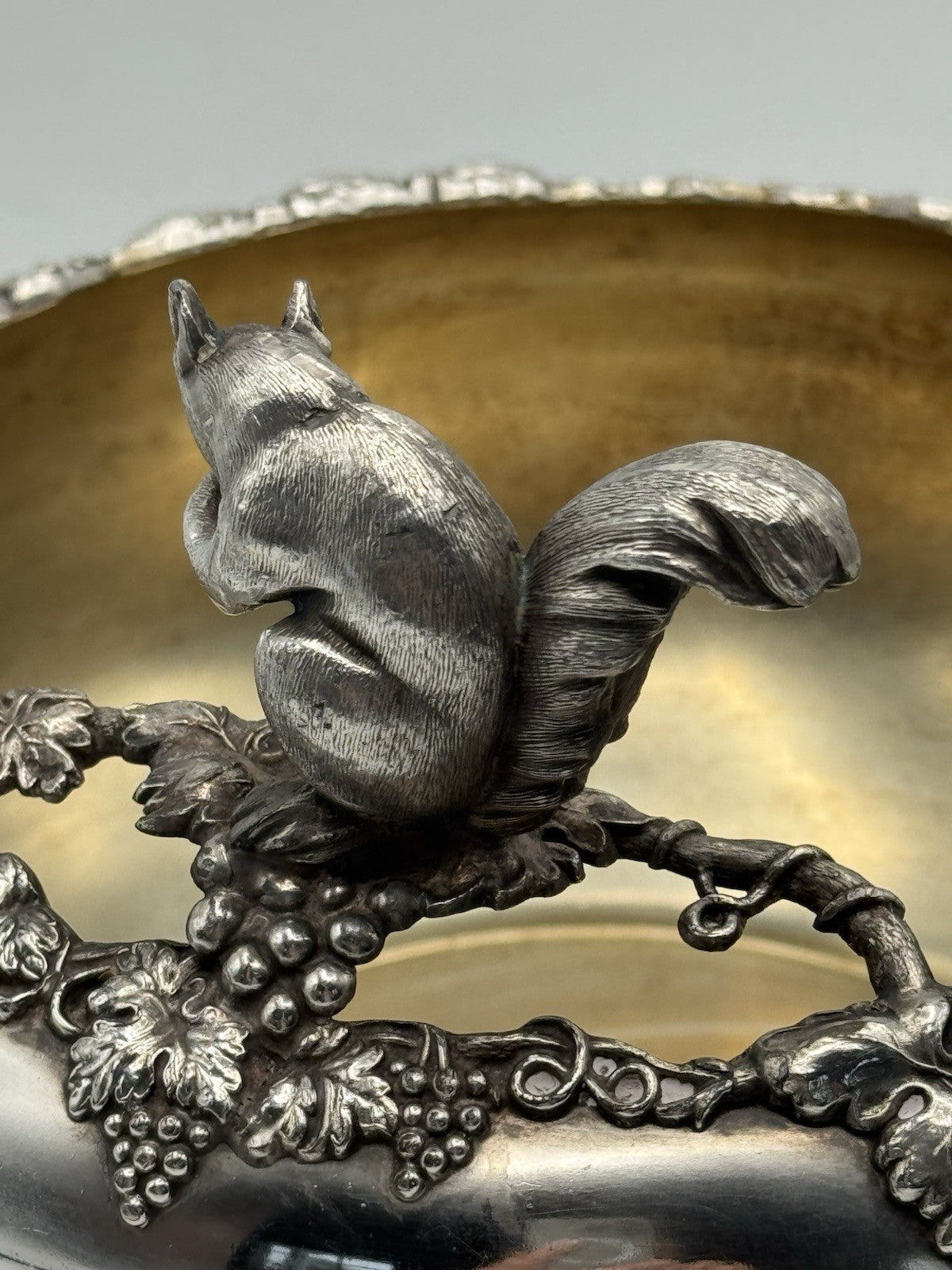 Antique FB Rogers Quadruple Silver Plate Nut Bowl Squirrel Finial Grapevine 8”d