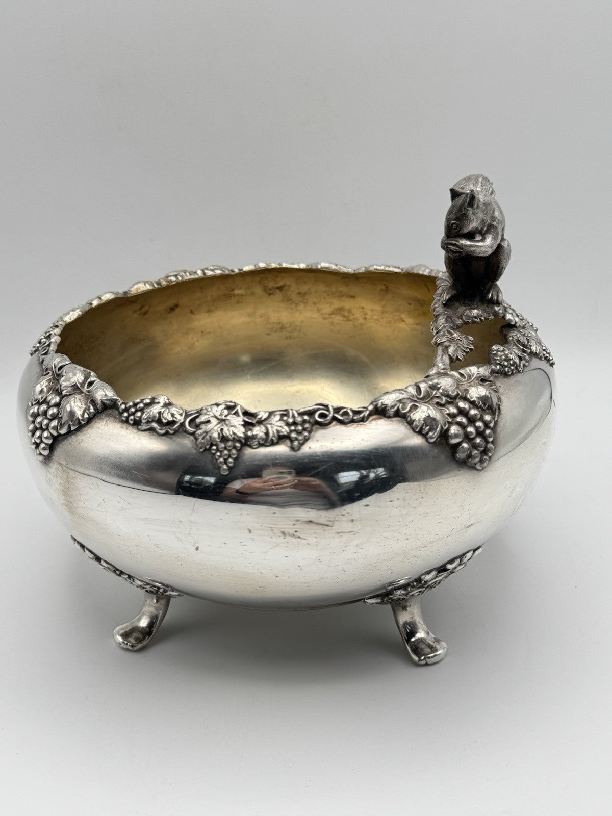Antique FB Rogers Quadruple Silver Plate Nut Bowl Squirrel Finial Grapevine 8”d