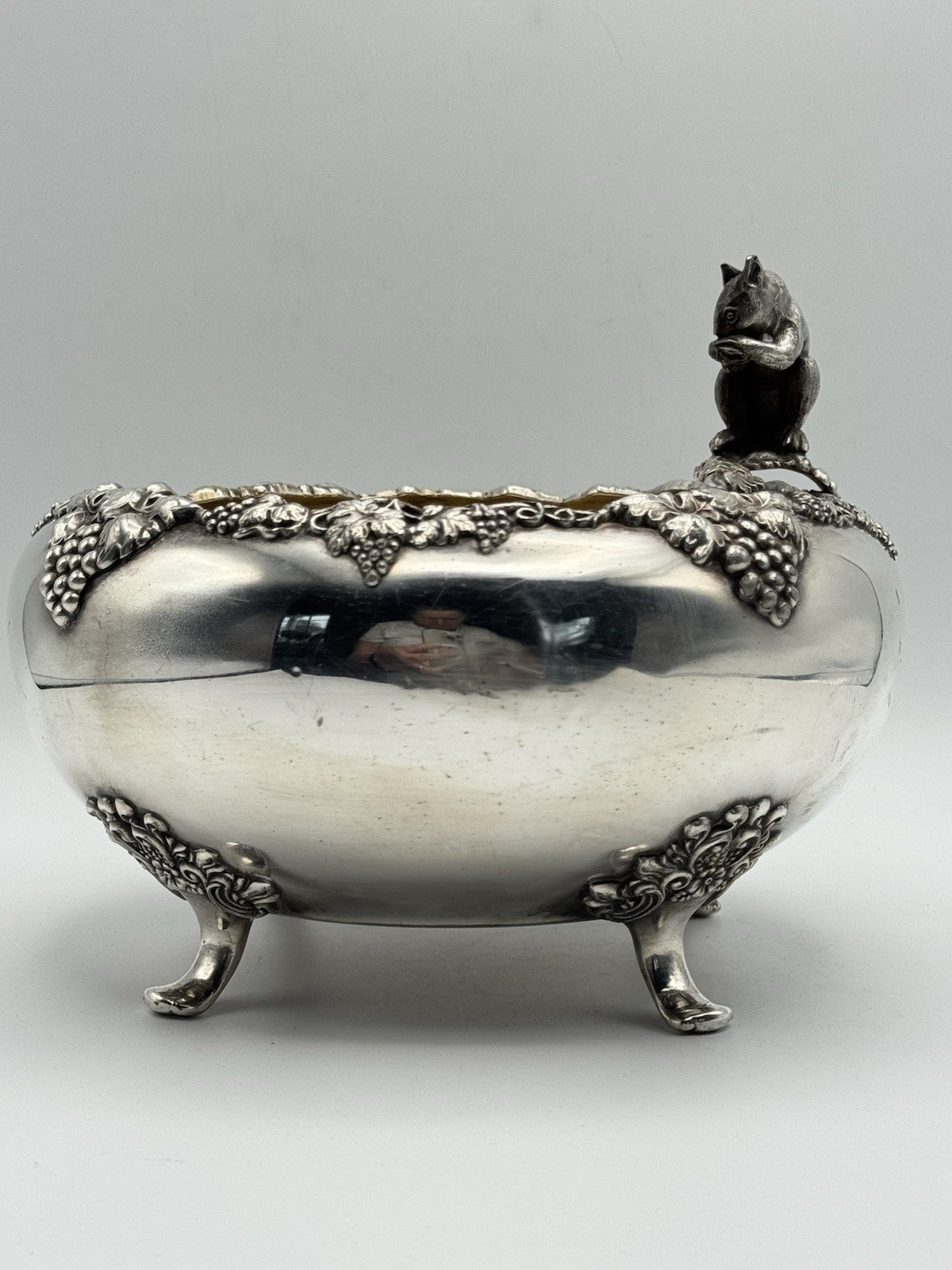 Antique FB Rogers Quadruple Silver Plate Nut Bowl Squirrel Finial Grapevine 8”d
