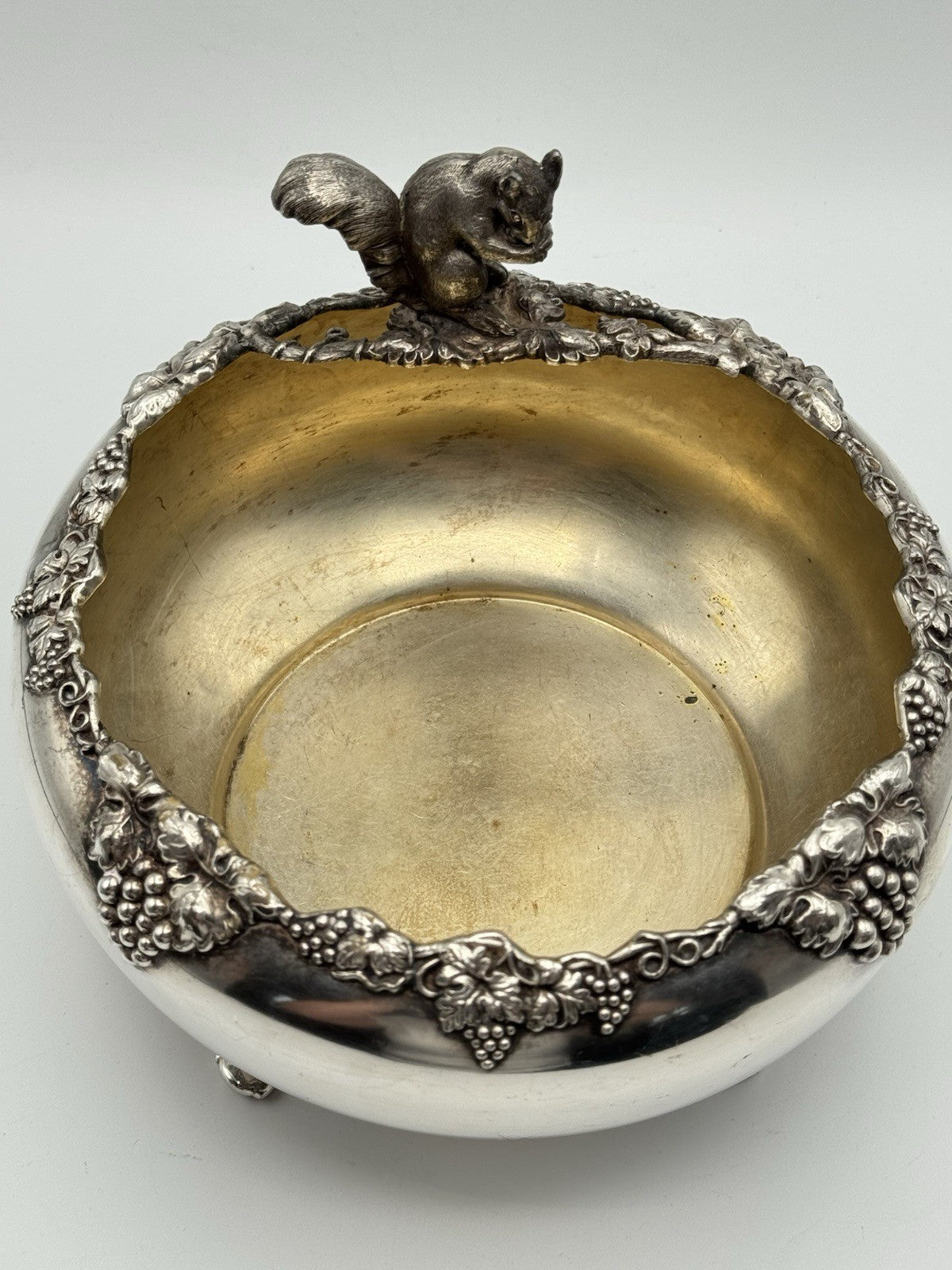 Antique FB Rogers Quadruple Silver Plate Nut Bowl Squirrel Finial Grapevine 8”d